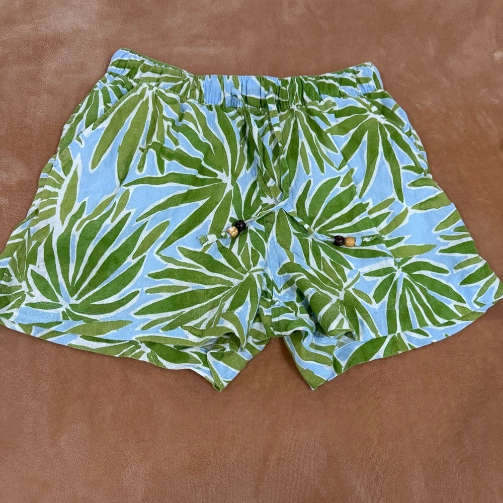 Sigrid Olsen Womens Medium Blue Green Palm Leaf 100% Linen Drawstring Shorts